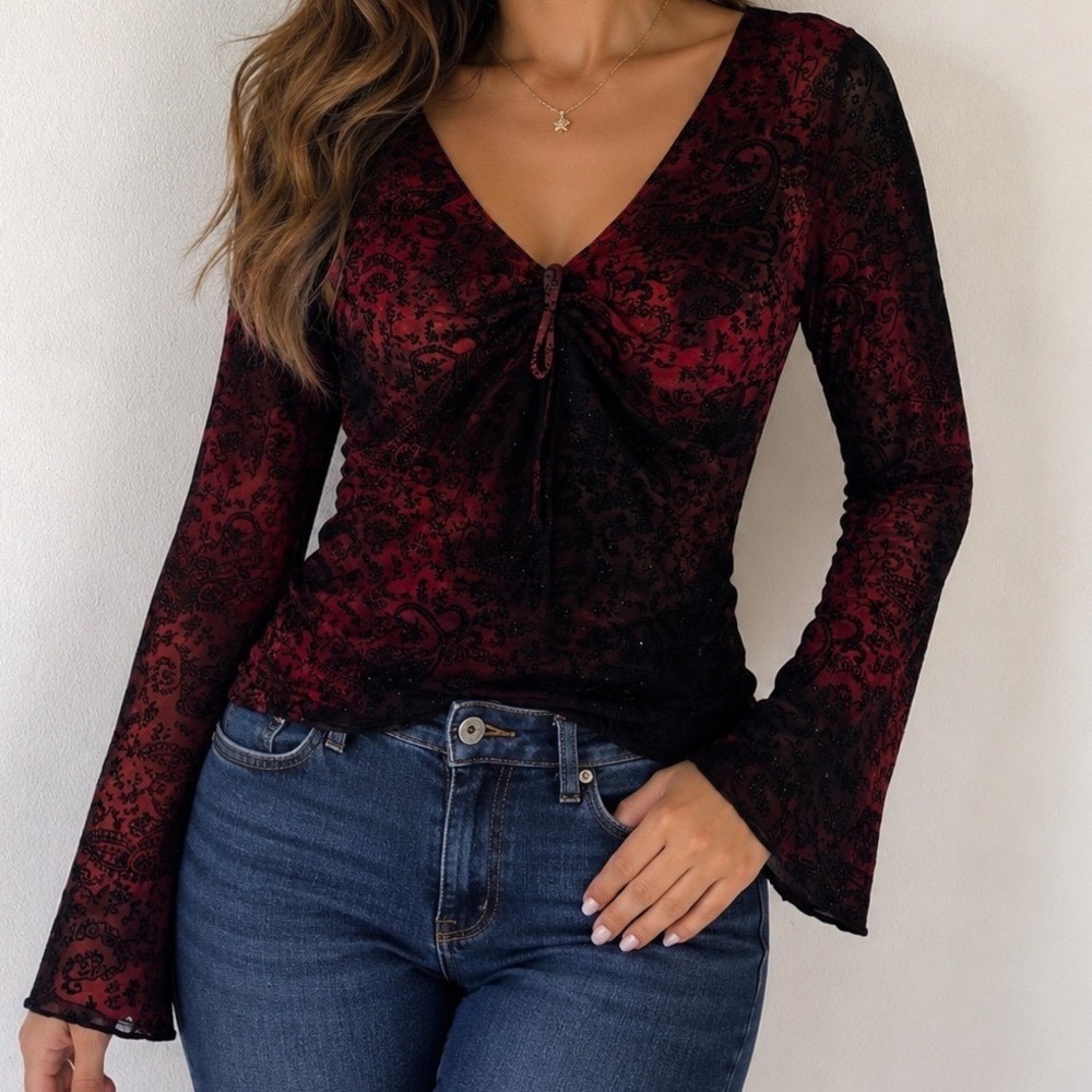 Kate Landry Red Black Paisley Mesh Bell Sleeve Y2K Whimsigoth Top Small ee